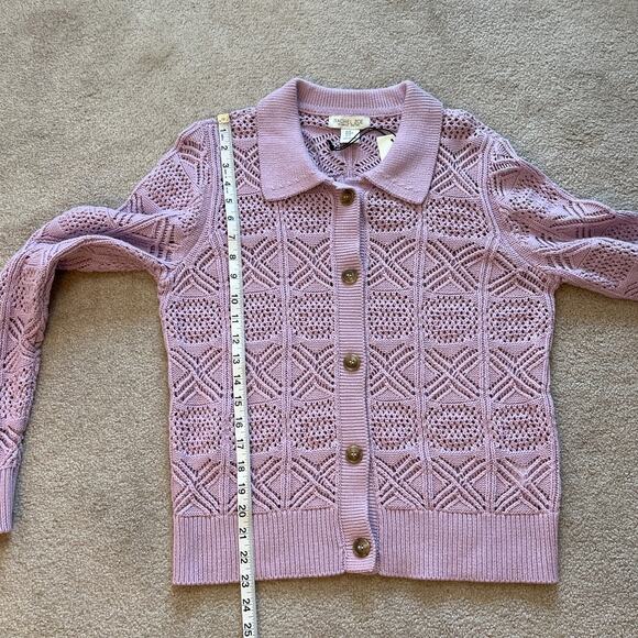 Rachel Zoe Crochet Open Knit Polo Cardigan Sweater Size M Purple Cottagecore NWT - Picture 7 of 7